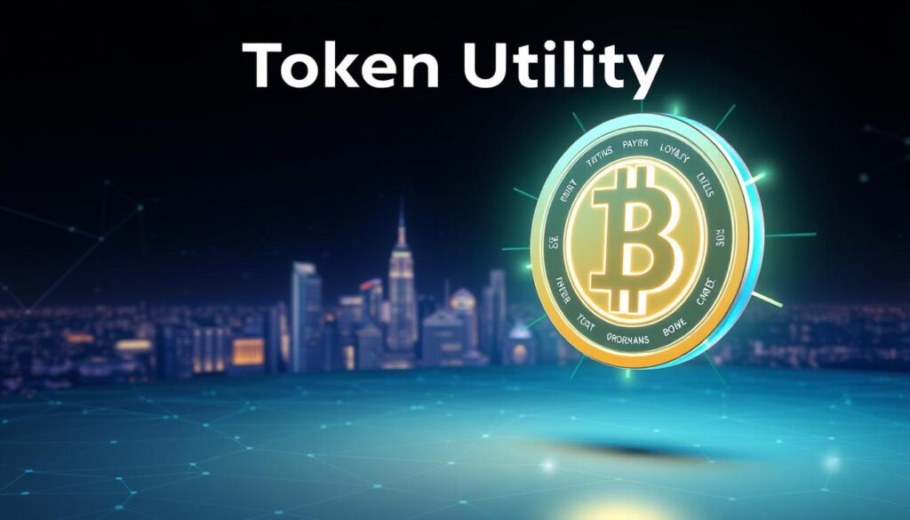 A stylized 3D illustration depicting the concept of "token utility". In the foreground, a central token symbol floats, its edges glowing with a vibrant digital energy. Surrounding it, a holographic display showcases various use cases for the token, such as payments, loyalty programs, governance, and more. The middle ground features a city skyline rendered in a sleek, futuristic aesthetic, hinting at the real-world applications of the token. In the background, a vast network of connected nodes and data streams symbolize the blockchain infrastructure supporting the token's functionality. The overall scene conveys a sense of innovation, utility, and the potential of a well-designed cryptocurrency token.