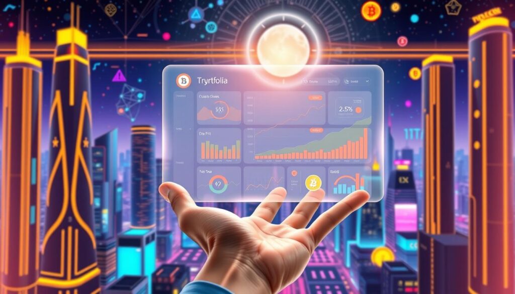 A stylized digital illustration depicting a crypto portfolio optimization strategy. In the foreground, a human hand holds a transparent holographic interface displaying a diversified crypto portfolio dashboard, showcasing various NFTs, DeFi tokens, and other digital assets. The middle ground features a sleek, minimalist UI with interactive graphs, charts, and optimization tools. In the background, a vibrant futuristic cityscape with towering skyscrapers and a night sky filled with data visualizations, blockchain networks, and cryptocurrency symbols. The scene is bathed in a warm, neon-infused lighting, conveying a sense of technological sophistication and financial empowerment.