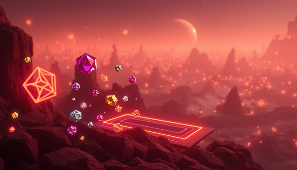 A surreal digital landscape, bathed in a warm, futuristic glow. In the foreground, a collection of vibrant, geometric digital collectibles float and shimmer, each with a unique and intricate design. The middle ground features a sleek, minimalist interface, hinting at a platform where these collectibles can be displayed, traded, and interacted with. The background is a vast, dreamlike expanse of luminous, shifting shapes and patterns, evoking the boundless potential of the digital realm. The overall atmosphere is one of innovation, wonder, and the seamless integration of the physical and virtual worlds.