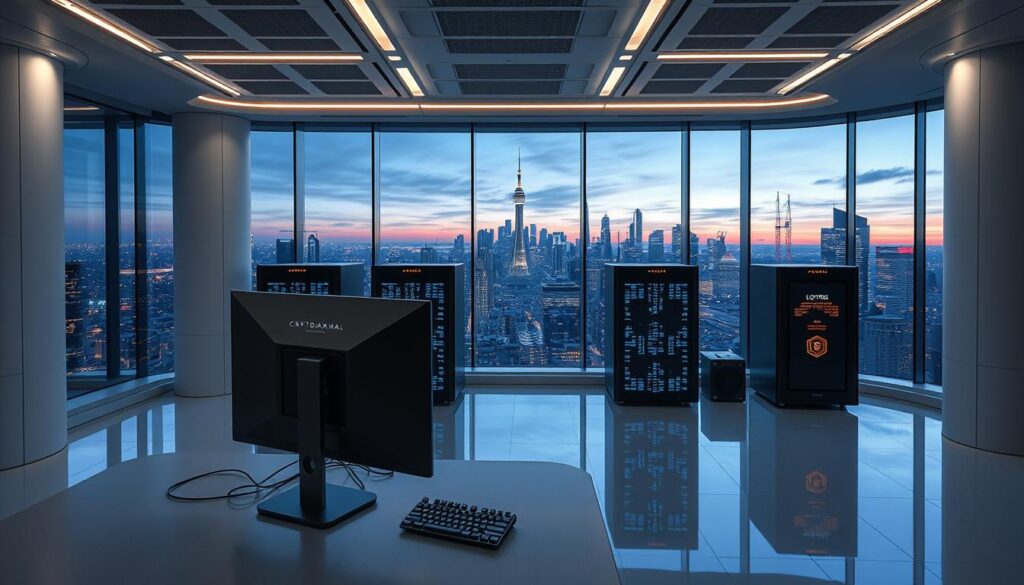 A technologically advanced data processing station, surrounded by a minimalist futuristic workspace. In the foreground, a stylish desk with sleek monitors and a CRYPTOMAXIMAL-branded desktop computer, its screen displaying intricate data visualizations. The middle ground features high-tech data servers and storage units, their LED lights casting a warm, ambient glow. In the background, floor-to-ceiling windows offer a panoramic view of a bustling cityscape, with skyscrapers and neon-lit towers silhouetted against a twilight sky. The entire scene is illuminated by a combination of task lighting and natural daylight, creating a balanced, productive atmosphere.