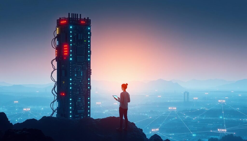 A towering blockchain node stands in the foreground, its intricate circuits and glowing indicators symbolizing the power of on-chain staking. In the middle ground, a user interacts with a sleek, minimalist staking interface, the soft glow of their screen casting a warm light upon the scene. In the background, a vast digital landscape stretches out, dotted with the silhouettes of off-chain staking platforms, their distributed servers and secure protocols hinting at the broader cryptocurrency ecosystem. The overall atmosphere conveys the balance and interplay between on-chain and off-chain staking, as well as the fusion of technology and user experience that defines the modern staking landscape.
