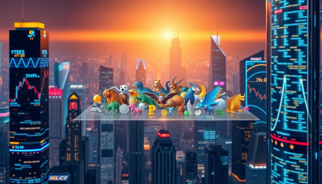 A towering digital cityscape, its skyscrapers illuminated by the glow of cryptocurrency charts and NFT trading platforms. In the foreground, a floating holographic display showcases an ever-expanding collection of unique digital collectibles, their vibrant colors and intricate designs reflecting the rapid growth of the industry. The background is bathed in a warm, futuristic light, creating a sense of technological advancement and financial prosperity. The composition is balanced, with clean lines and a sleek, minimalist aesthetic, capturing the cutting-edge nature of the digital collectibles market.