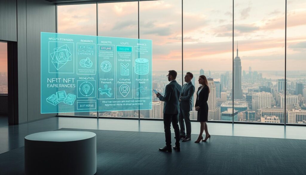 A tranquil office setting with a minimalist and futuristic aesthetic. In the foreground, a sleek podium displays a holographic projection of various NFT-based rewards, including digital art, exclusive experiences, and virtual goods. The middle ground features a group of professionals in business attire, intently examining the projection and discussing the benefits of an NFT loyalty program. The background showcases a panoramic view of a bustling cityscape, with skyscrapers and a vibrant sky, suggesting the program's potential for widespread adoption. The lighting is soft and indirect, creating a sense of sophistication and innovation. The overall composition conveys the advantages of embracing NFT technology to enhance customer engagement and loyalty.