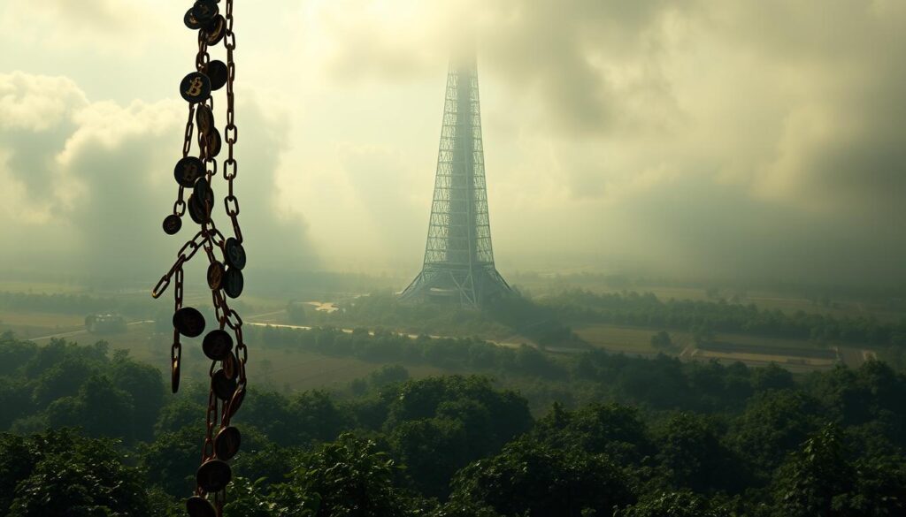 A vast financial landscape, where the transient nature of yield farming is embodied. In the foreground, a cascading chain of digital tokens, their values in constant flux, symbolizing the fragile and unpredictable nature of impermanent loss. In the middle ground, a towering blockchain structure, its intricate architecture mirroring the complexity of the DeFi ecosystem. The background is shrouded in a hazy, ethereal glow, conveying the ethereal and ever-evolving nature of the digital realm. Dramatic lighting casts long shadows, emphasizing the weight and significance of the concepts at hand. The overall atmosphere is one of uncertainty, dynamism, and the delicate balance inherent in the pursuit of DeFi rewards.