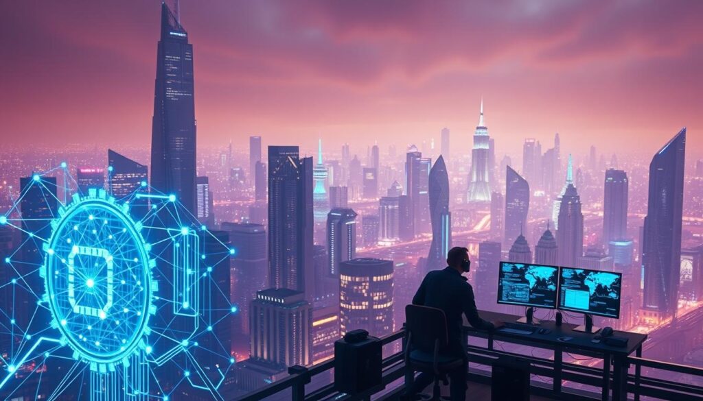 A vast, futuristic cityscape, with sleek skyscrapers and a vibrant, neon-lit skyline. In the foreground, a holographic blockchain node pulsates with energy, its intricate network of interconnected blocks and transactions visible in a mesmerizing display. In the middle ground, a group of developers collaborate at a cutting-edge workstation, analyzing data visualizations and designing the next-generation blockchain platform. The background is bathed in a soft, ambient lighting, creating a sense of depth and highlighting the technological sophistication of the scene. The overall mood is one of innovation, progress, and the boundless potential of blockchain technology.