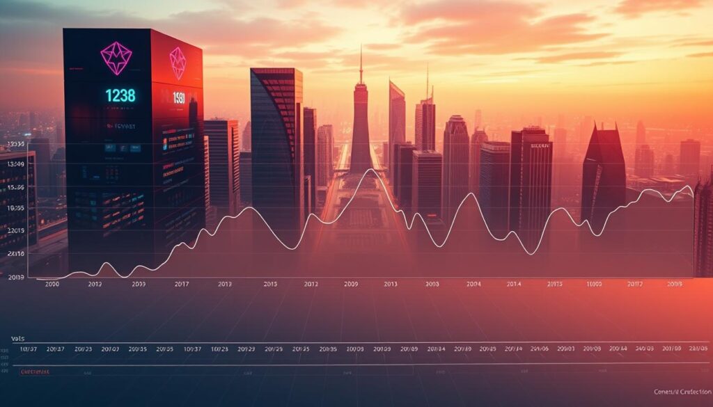 A vast, panoramic chart depicting the historical trends of the global cryptocurrency market capitalization. The foreground shows a detailed line graph charting the fluctuations and peaks over the years, rendered in a clean, minimalist style with clear data visualizations. The middle ground features a sleek, futuristic cityscape with skyscrapers and digital displays in the background, symbolizing the technological prowess of the crypto industry. The scene is bathed in a warm, neon-tinged lighting that creates a sense of dynamism and innovation. The overall composition conveys the scale, growth, and evolution of the cryptocurrency market over time.