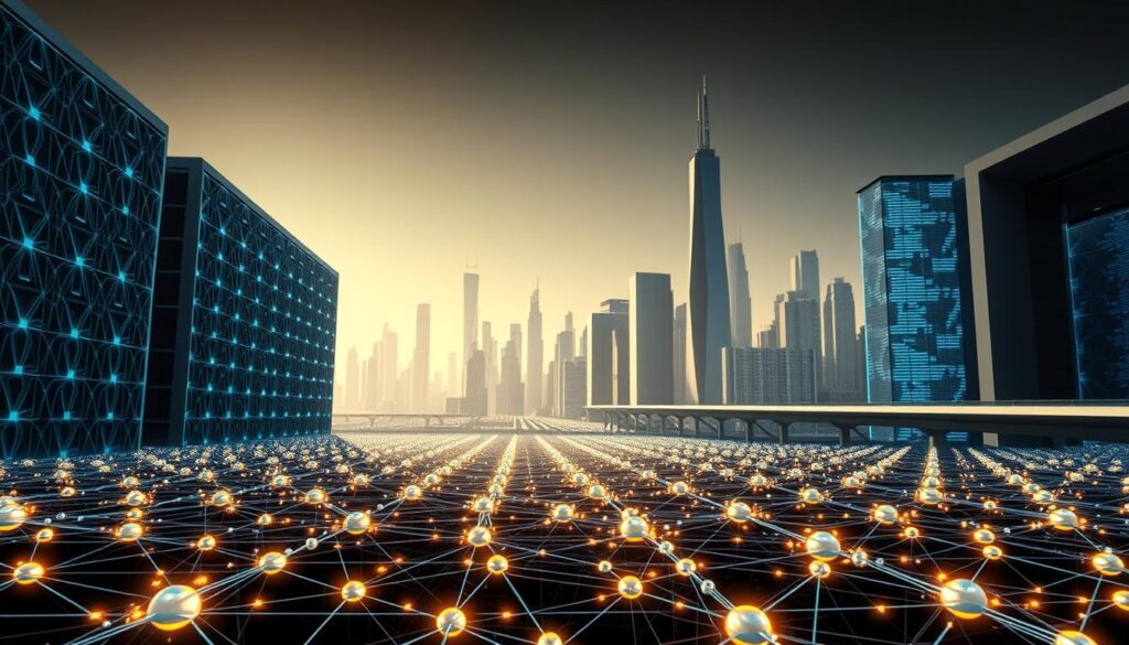 A vast, secure distributed ledger system anchored in a sleek, modern architectural landscape. In the foreground, a network of interlocking blockchain nodes pulsing with digital energy, protected by layers of cutting-edge cryptography. The middle ground features towering data centers, their facades adorned with intricate geometric patterns, symbolizing the robust infrastructure underlying the decentralized network. In the background, a cityscape of gleaming skyscrapers and futuristic transportation systems, representing the integration of this advanced technology into the fabric of modern finance. Dramatic lighting casts long shadows, evoking a sense of power and reliability. The overall scene conveys a harmonious blend of technological sophistication and institutional trust.