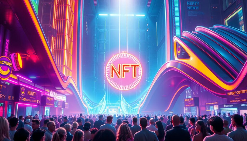A vibrant and dynamic digital landscape, with a central focus on a gleaming, three-dimensional NFT symbol. The NFT is suspended in a beam of light, radiating an aura of exclusivity and prestige. In the foreground, a crowd of diverse individuals interacts with the NFT, representing the engaged customer base. The middle ground features a backdrop of sleek, futuristic architectural elements, conveying a sense of modernity and innovation. The lighting is warm and inviting, creating a sense of excitement and anticipation. The overall composition suggests the allure of an NFT-based loyalty program, where customers can earn and display their digital rewards, fostering a strong connection between the brand and its loyal fanbase.