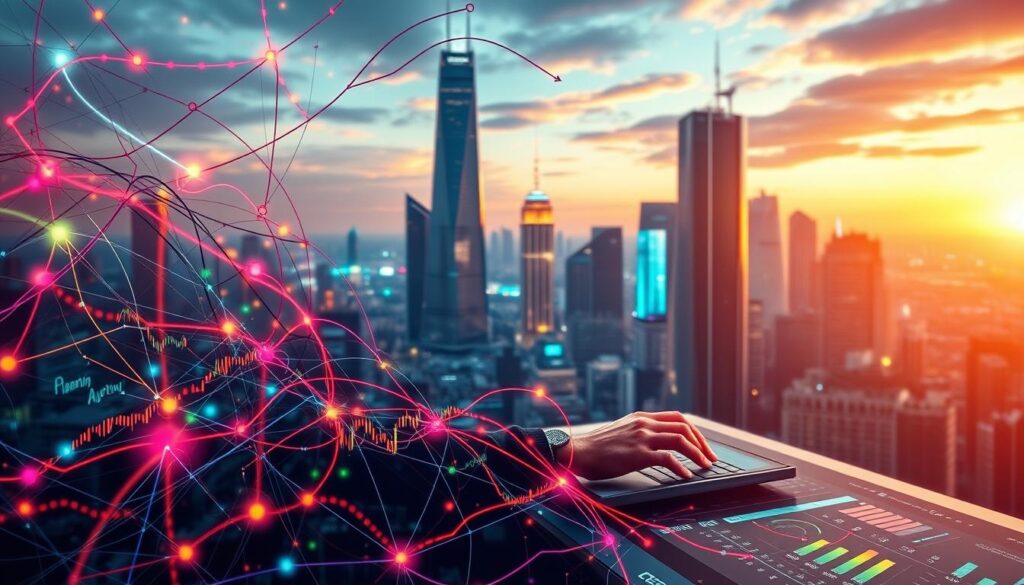 A vibrant and dynamic scene depicting the concept of sentiment analysis in the cryptocurrency market. In the foreground, a complex web of intertwined data streams and sentiment indicators, represented by colorful lines, charts, and graphs, pulsing with energy. In the middle ground, a lone trader, hands on a sleek, futuristic-looking dashboard, intently analyzing the market sentiment data. The background is a striking cityscape, with towering skyscrapers and a vibrant, neon-lit skyline, conveying the fast-paced, technology-driven nature of the cryptocurrency industry. The overall mood is one of intensity, urgency, and the importance of understanding market sentiment in today's volatile crypto landscape.