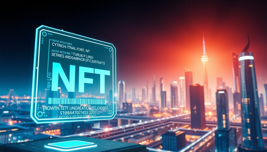 A vibrant and dynamic scene depicting the verification process of an NFT on the blockchain. In the foreground, a holographic display showcases the intricate details of the NFT, with its unique identifier and metadata shimmering in the air. In the middle ground, a network of interconnected nodes and servers hum with activity, representing the distributed ledger technology that powers the blockchain. The background is a sleek, futuristic cityscape, with skyscrapers and glowing structures that symbolize the immutable and secure nature of the NFT ecosystem. The lighting is crisp and directional, casting dramatic shadows and highlighting the technological prowess of the scene. The overall atmosphere is one of innovation, transparency, and the seamless integration of digital assets with the physical world.