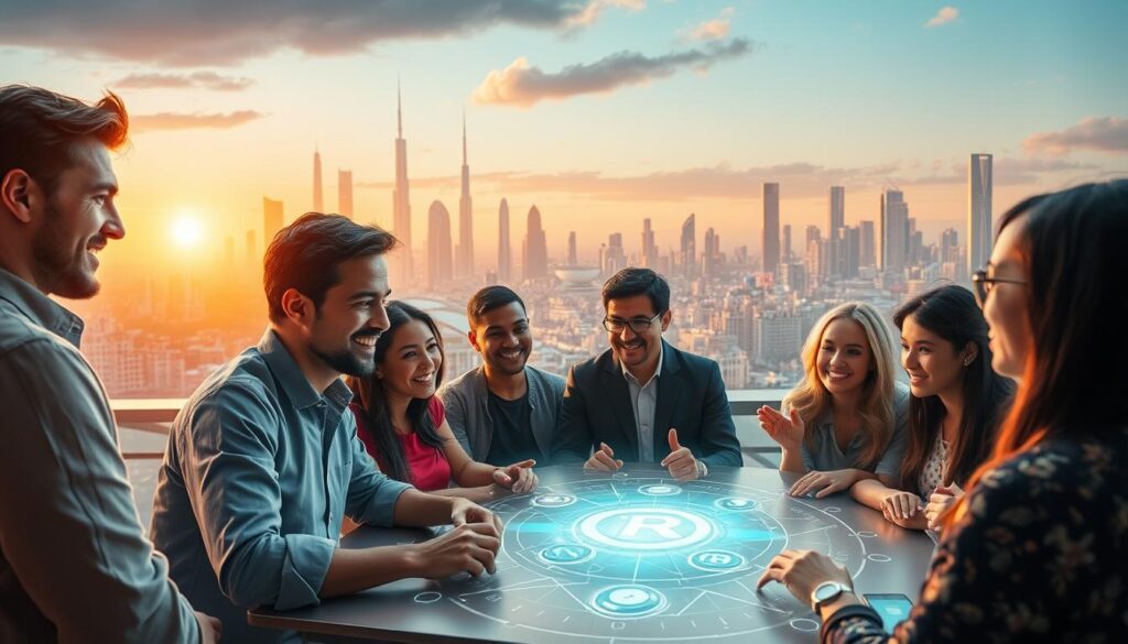 A vibrant and dynamic scene showcasing the decentralized governance of Rarible, the leading NFT marketplace. In the foreground, a group of diverse individuals representing Rarible's community engage in lively discussion, their expressions animated as they deliberate on platform policies and features. The middle ground reveals a futuristic, holographic interface, where smart contracts and blockchain protocols intertwine, symbolizing the transparent and democratic decision-making process. In the background, a cityscape of sleek, modern architecture and glowing technology towers serves as a testament to Rarible's commitment to empowering creators and fostering a decentralized, equitable ecosystem. Warm lighting and a sense of energy pervade the scene, capturing the essence of Rarible's decentralized governance model.