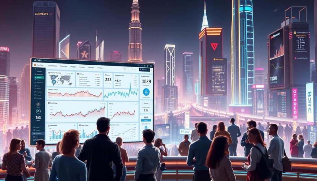A vibrant and dynamic visualization of cutting-edge crypto community sentiment analysis tools. In the foreground, a sleek dashboard displays real-time data visualizations, intricate graphs, and interactive charts analyzing the pulse of the crypto community. The middle ground features a diverse group of crypto enthusiasts, traders, and analysts engaged in lively discussions, sharing insights and sentiments. In the background, a futuristic cityscape of towering skyscrapers and neon-lit streets sets the scene, reflecting the fast-paced, technology-driven nature of the crypto landscape. Warm lighting and a vibrant color palette convey a sense of energy and innovation, showcasing the power of community-driven sentiment analysis in the decentralized world of cryptocurrencies.