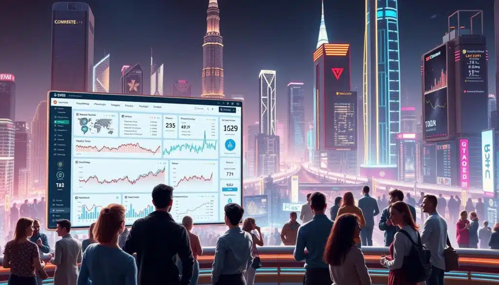 A vibrant and dynamic visualization of cutting-edge crypto community sentiment analysis tools. In the foreground, a sleek dashboard displays real-time data visualizations, intricate graphs, and interactive charts analyzing the pulse of the crypto community. The middle ground features a diverse group of crypto enthusiasts, traders, and analysts engaged in lively discussions, sharing insights and sentiments. In the background, a futuristic cityscape of towering skyscrapers and neon-lit streets sets the scene, reflecting the fast-paced, technology-driven nature of the crypto landscape. Warm lighting and a vibrant color palette convey a sense of energy and innovation, showcasing the power of community-driven sentiment analysis in the decentralized world of cryptocurrencies.