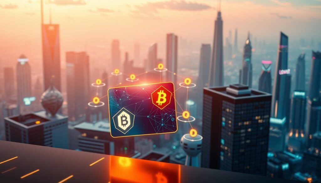 A vibrant and futuristic blockchain-powered loyalty program, showcased in a dynamic digital landscape. In the foreground, a sleek and modern loyalty card embellished with geometric blockchain symbols, emanating a warm glow. The middle ground features a stylized network of interconnected nodes, representing the secure and transparent data exchanges within the blockchain ecosystem. In the background, a cityscape of towering skyscrapers and futuristic architecture, symbolizing the integration of blockchain technology into the urban landscape. Lighting is crisp and directional, casting long shadows and highlighting the technological aesthetic. The overall atmosphere conveys a sense of innovation, trust, and the seamless integration of blockchain into modern consumer loyalty programs.