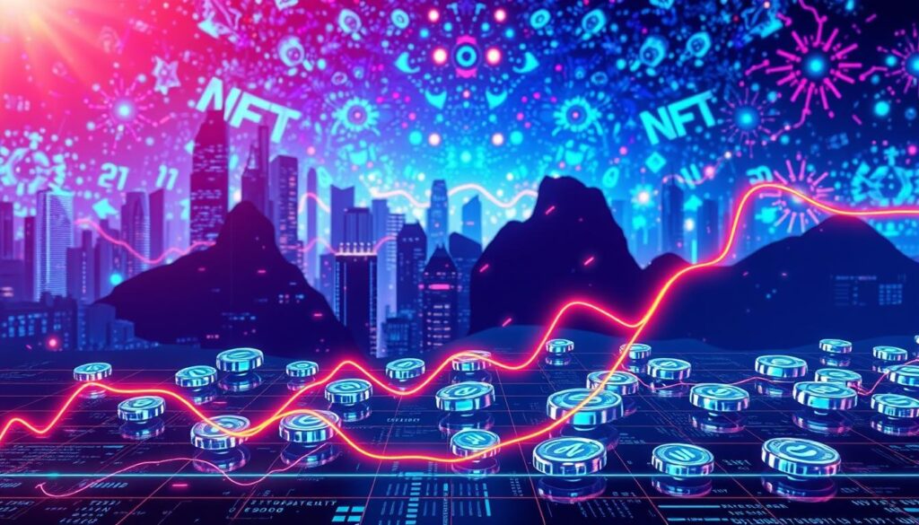 A vibrant and visually striking digital landscape depicting the dynamic trends of NFT floor prices. The foreground showcases a stylized graph with bold, colorful lines tracing the ebbs and flows of the NFT market, against a backdrop of futuristic cityscape elements. The middle ground features a mesmerizing array of holographic NFT tokens, each pulsing with energy and surrounded by glowing data visualizations. The background is a kaleidoscopic blend of ethereal, blockchain-inspired patterns and textures, creating an immersive, technologically advanced atmosphere. Dramatic lighting casts dramatic shadows, heightening the sense of depth and digital grandeur. The overall composition conveys the ever-evolving, data-driven nature of the NFT space and its investment landscape.