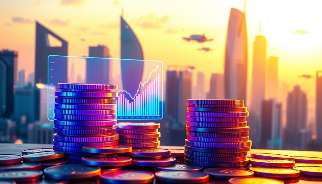 A vibrant, detailed illustration of crypto rewards. In the foreground, a stack of gleaming cryptocurrency coins in various colors, bathed in warm, ambient lighting. In the middle ground, a holographic display showing a fluctuating chart with rising values, reflecting the potential for financial growth. The background features a futuristic cityscape, with sleek skyscrapers and hovering transport vehicles, conveying a sense of technological advancement and innovation. The overall mood is one of excitement and opportunity, capturing the essence of the crypto rewards experience.