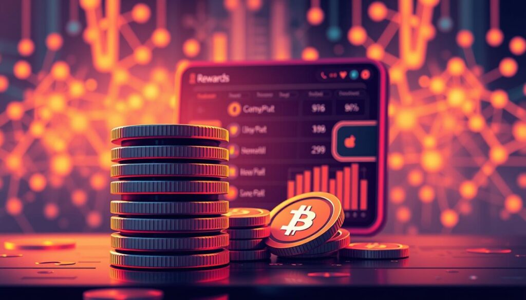 A vibrant, detailed illustration of tokenized rewards in a modern, minimalist style. In the foreground, a stack of stylized cryptocurrency tokens, each with a unique design and color. In the middle ground, a sleek, futuristic-looking digital wallet interface, displaying the token balances. In the background, a blurred, ethereal backdrop of blockchain-inspired patterns and shapes, suggesting the decentralized, digital nature of the rewards system. The composition is well-balanced, with a warm, inviting color palette and dramatic lighting, creating a sense of depth and emphasizing the key elements. The overall mood is one of innovation, progress, and the transformative power of technology in loyalty programs.