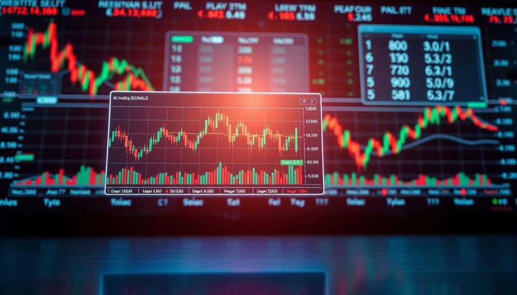 A vibrant digital display showcases real-time crypto trading signals, with line graphs, candlestick charts, and price tickers updating in a dynamic, high-contrast visual style. In the foreground, a sleek, minimalist interface hovers over a deep, metallic-toned background, evoking the cutting-edge technology and high-stakes world of cryptocurrency trading. Subtle ambient lighting casts a warm, focused glow on the data visualizations, creating a sense of urgency and importance. The overall composition conveys the power and precision of AI-driven crypto price prediction, ready to guide savvy investors towards hidden investment opportunities.