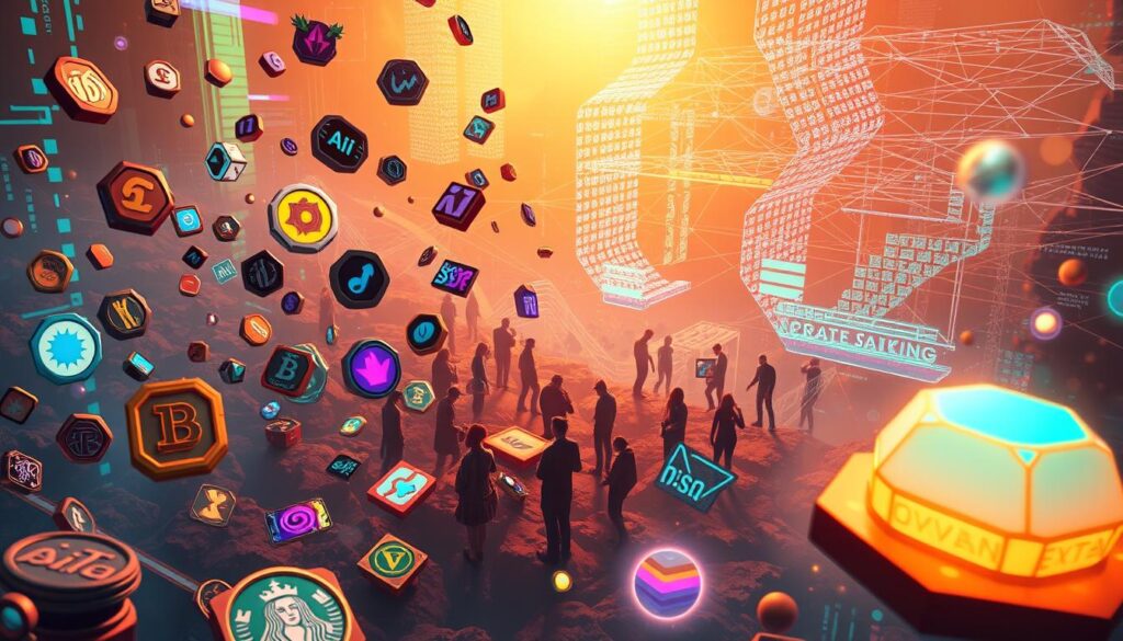 A vibrant digital landscape depicting a diverse array of ownership tokens. In the foreground, an array of unique digital collectibles, each with its own distinct design and visual flair, levitating amidst a soft, ambient glow. The middle ground features a community of individuals interacting with these tokens, using them to access exclusive content, experiences, and rewards. In the background, a dynamic, ever-evolving network of blockchain-powered transactions and smart contracts, representing the underlying infrastructure that powers this community-driven loyalty platform. The overall scene is illuminated by a warm, golden light, conveying a sense of trust, collaboration, and a shared sense of digital ownership.