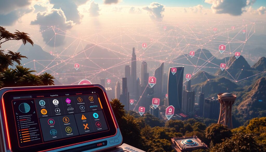 A vibrant, dynamic landscape showcasing the top decentralized finance (DeFi) platforms. In the foreground, a sleek futuristic interface displays prominent DeFi protocols, their logos and key stats arranged in a visually striking layout. The middle ground features a lush, neon-tinged cityscape, with towering skyscrapers and holographic displays highlighting DeFi's innovative ecosystem. In the background, a vast, ethereal expanse of cascading data streams and blockchain networks, conveying the scale and complexity of the DeFi landscape. The image is bathed in a warm, optimistic glow, radiating a sense of technological progress and financial empowerment. Captured through a wide-angle lens with cinematic lighting, the scene evokes a sense of awe and wonder at the transformative potential of decentralized finance.