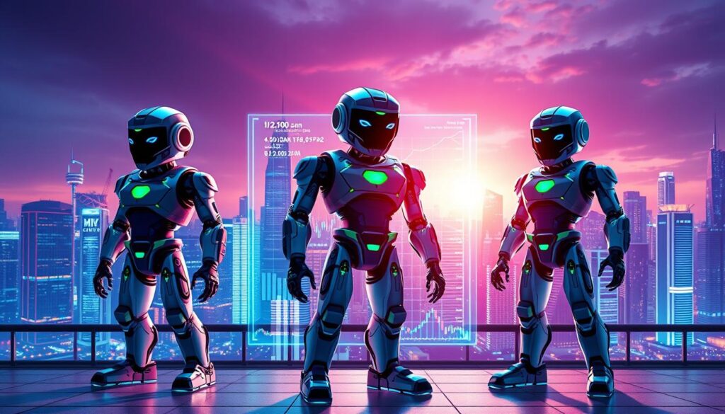 A vibrant, dynamic scene of AI-powered cryptocurrency trading bots being compared side-by-side. In the foreground, a trio of sleek, high-tech bot avatars stand proudly, each with unique visual styles and indicators showcasing their specialized trading strategies. The middle ground features a holographic data visualization, displaying real-time market trends and performance metrics for the bots. The background is a futuristic cityscape, with glowing skyscrapers and a vibrant, neon-tinged skyline, conveying the cutting-edge, high-stakes world of algorithmic crypto trading. Bright, directional lighting casts dramatic shadows, emphasizing the bots' advanced capabilities. The overall mood is one of innovation, competitiveness, and the fusion of artificial intelligence and financial technology.