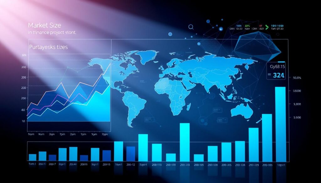 A vibrant financial dashboard featuring market size growth projections. In the foreground, a series of dynamic line charts and bar graphs visualize the projected expansion of the decentralized finance sector over the next 5 years. The middle ground showcases a sleek world map highlighting key regional markets and their anticipated growth rates, rendered in a cool, futuristic color palette. In the background, abstract geometric shapes and patterns evoke the interconnected, data-driven nature of the DeFi ecosystem. Dramatic lighting from the side casts long shadows, creating a sense of depth and perspective. The entire scene is captured through a high-resolution, wide-angle lens, conveying a comprehensive, data-rich overview of the DeFi market's promising future.
