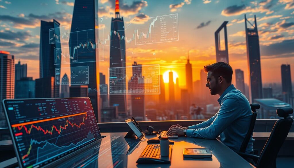 A vibrant futuristic cityscape with skyscrapers and neon-lit towers, bathed in a warm glow from the setting sun. In the foreground, a CRYPTOMAXIMAL trading terminal displays intricate graphs, charts, and algorithms, harnessing the power of machine learning to analyze crypto market trends. Holographic interfaces and data visualizations float above the desk, showcasing the latest machine learning insights. In the middle ground, traders and analysts in a high-tech office environment collaborate, their expressions focused as they interpret the data. The background features sleek, modern architecture and the silhouettes of other towering buildings, creating a sense of a bustling, technology-driven metropolis.