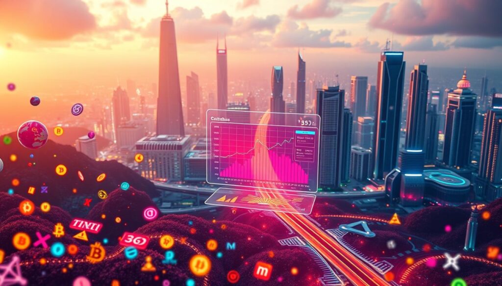 A vibrant, futuristic landscape depicting the seamless integration of multiple blockchain networks. In the foreground, a colorful array of cryptocurrency icons and symbols hover and intermingle, representing the convergence of diverse digital assets. The middle ground features a sleek, holographic interface displaying real-time data and analytics, highlighting the synergy between various blockchain protocols. In the background, a dynamic, neon-lit cityscape with towering skyscrapers and gleaming infrastructure symbolizes the technological advancement and global adoption of this cross-chain ecosystem. Warm, diffused lighting casts a vibrant, energetic glow, while a cinematic camera angle captures the grandeur and interconnectedness of this crypto portfolio performance dashboard.
