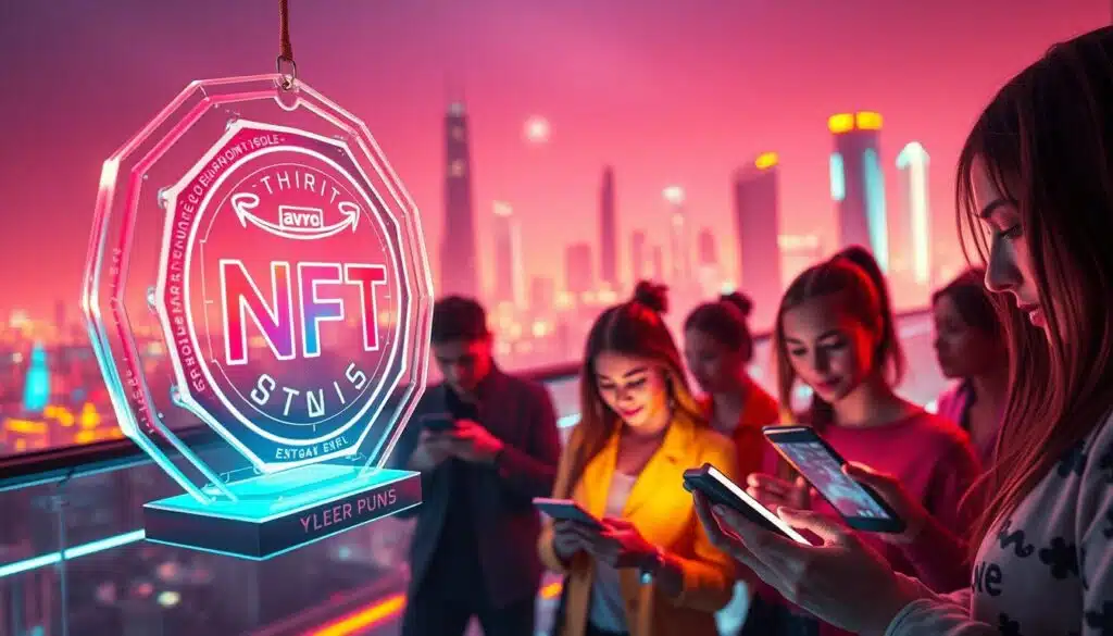 A vibrant, futuristic scene depicting the alignment of brand value and customer engagement through the lens of an NFT loyalty program. In the foreground, a glossy, holographic NFT emblem hovers, representing the bridge between the digital and physical realms. The middle ground features a diverse group of individuals interacting with their mobile devices, their faces illuminated by the glow of the NFT. In the background, a sleek, minimalist cityscape stretches out, with towering skyscrapers and a vibrant, neon-lit skyline. The lighting is a warm, futuristic hue, casting a dreamlike atmosphere over the scene. Captured with a wide-angle lens, the composition conveys a sense of scale and wonder, showcasing the transformative power of NFT-based loyalty programs in the modern, digital-first landscape.