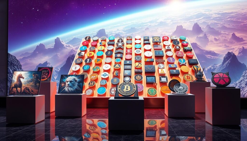 A vibrant, high-resolution image showcasing the differentiation within a prestigious NFT collection. In the foreground, several unique NFT artworks are displayed on sleek, minimalist pedestals, each with its own distinct visual style and character. The middle ground features a dynamic, three-dimensional grid of various NFT tokens, each rendered in stunning detail and illuminated by a soft, warm lighting. In the background, a futuristic, ethereal landscape unfolds, hinting at the vast and diverse world of the NFT ecosystem. The overall scene exudes a sense of exclusivity, innovation, and the vast potential for investment in the top "blue chip" NFT projects.