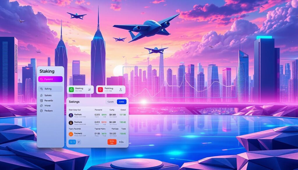 A vibrant, highly detailed digital illustration of a staking pool wallet interface. The foreground features a sleek, minimalist wallet dashboard with clear buttons and controls for staking, rewards, and transaction history. The middle ground showcases an animated graph charting the pool's performance, with dynamic visual feedback. The background depicts a serene, futuristic cityscape with towering skyscrapers, flying vehicles, and a vibrant, neon-infused skyline. The overall scene conveys a sense of technological sophistication, financial security, and the rewarding potential of crypto staking through a user-friendly, intuitive wallet design.