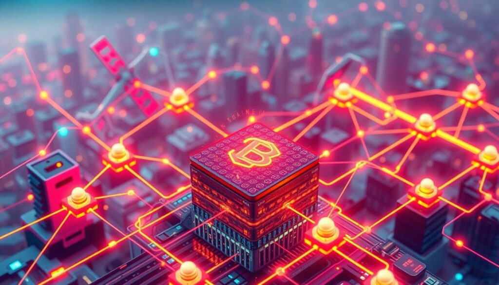 A vibrant, isometric view of a blockchain network, with nodes representing transactions and blocks interconnected by sleek, glowing lines. The foreground depicts a central blockchain server, its surface a mosaic of hexagonal shapes pulsing with digital energy. In the middle ground, satellites and devices connect to the blockchain, their signals represented by streaming data flows. The background features a city skyline, hinting at the real-world applications of this transformative technology. The lighting is soft and futuristic, creating a sense of technological sophistication and innovation. The overall mood is one of complexity, interconnectivity, and the boundless potential of decentralized systems.
