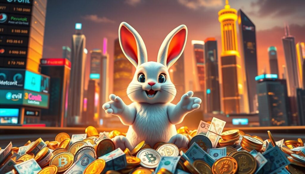 A vibrant scene of a whimsical "Rewards Bunny" standing proudly amidst a cascade of shimmering cryptocurrencies and fiat bills, set against a backdrop of a sleek, futuristic cityscape. The bunny's eyes sparkle with excitement, its paws outstretched as if welcoming the viewer to discover the boundless rewards available through its cashback services. Warm, golden lighting bathes the foreground, while the midground features a dynamic array of virtual payment platforms and shopping portals. In the distance, towering skyscrapers and a vibrant, neon-infused skyline evoke a sense of technological advancement and financial prosperity. The overall mood is one of energetic, rewarding opportunity, perfectly capturing the essence of the "Rewards Bunny" and its promise of crypto-infused cashback at a multitude of merchants.