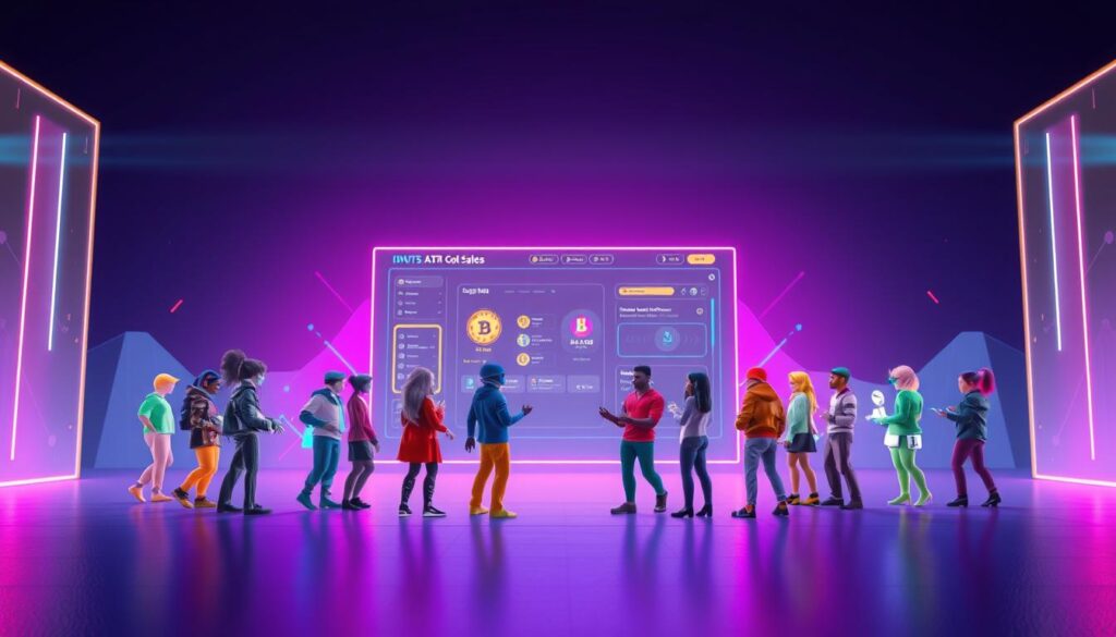 A vibrant, three-dimensional scene depicting the concept of "non-fungible tokens loyalty". In the foreground, a group of diverse digital characters, each representing a unique NFT, are engaged in a lively exchange, symbolizing the interactive and personalized nature of NFT-based loyalty programs. The middle ground features a sleek, minimalist interface with dynamic UI elements, hinting at the intuitive and user-friendly experience of such loyalty systems. In the background, a striking gradient of colors and subtle 3D geometric shapes create a sense of depth and technological sophistication, reflecting the cutting-edge nature of NFT-powered loyalty solutions. The overall mood is one of innovation, community, and the seamless integration of blockchain technology into everyday brand engagement.