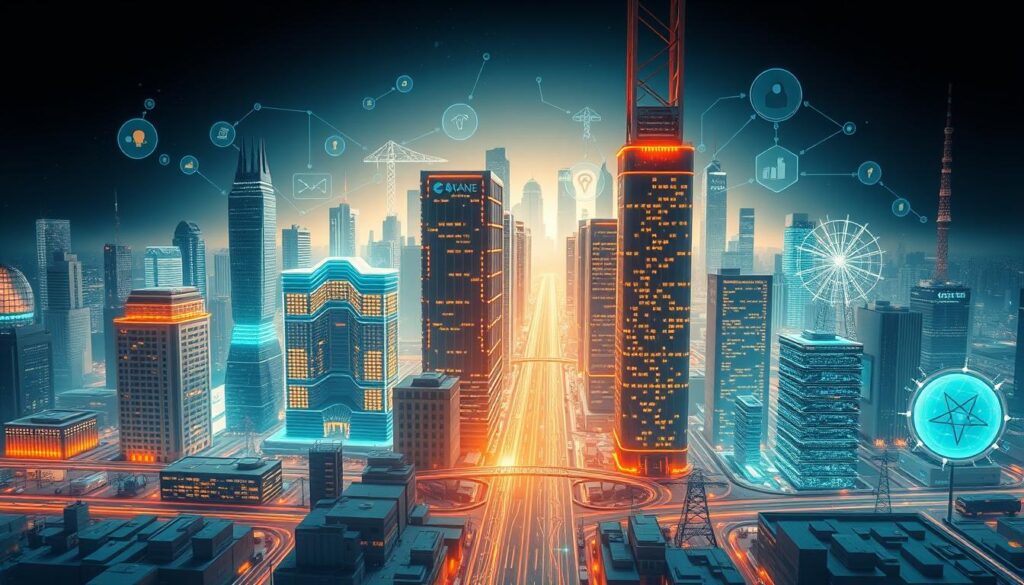 A visually striking and detailed illustration of real-world blockchain applications. The image should depict a futuristic cityscape with various blockchain-enabled use cases in the foreground, middle ground, and background. In the foreground, showcase blockchain-powered financial transactions, supply chain management, and digital identity verification. In the middle ground, include blockchain-based smart city infrastructure, decentralized energy grids, and healthcare data management. In the background, feature blockchain-enabled voting systems, cross-border payments, and IoT device coordination. The scene should be bathed in a warm, technological glow, with clean lines, minimalist architecture, and a sense of interconnectivity. Use a cinematic, wide-angle lens to capture the breadth and depth of blockchain's transformative potential.