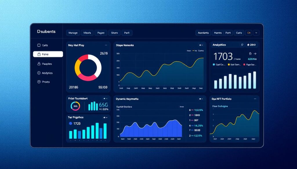 A visually striking dashboard interface with a sleek, modern design. In the foreground, a grid of dynamic key metrics and analytics, visualized through clean infographic-style widgets. The middle ground features a large, detailed chart or graph, showcasing NFT portfolio performance data. The background has a subtle, textured gradient, evoking a sense of depth and sophistication. Bright, balanced lighting highlights the crisp edges and vibrant colors of the UI elements. A minimalist, high-contrast aesthetic with a touch of futuristic flair, creating an intuitive, data-driven user experience.