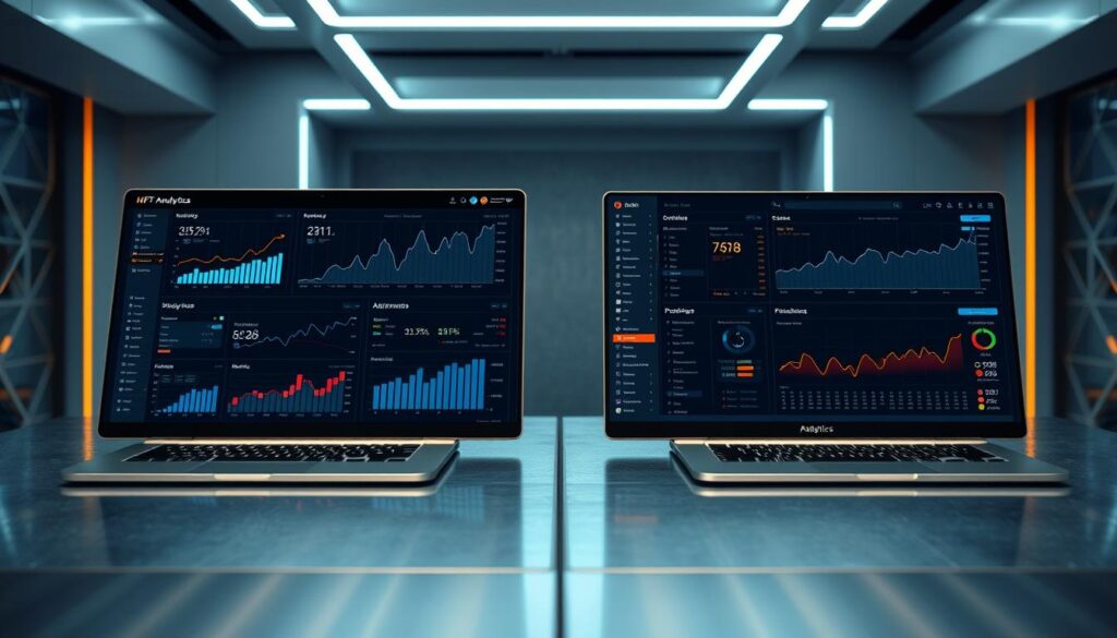 A well-lit, high-resolution comparison of popular NFT analytics platforms, showcased on a sleek, metallic table. The foreground features detailed visualizations, charts, and graphs, showcasing key performance metrics and insights. The middle ground includes the platforms' logos and user interfaces, allowing a side-by-side evaluation. The background is a minimalist, futuristic environment, with subtle hints of blockchain-inspired patterns and textures, creating a professional, technology-driven atmosphere.