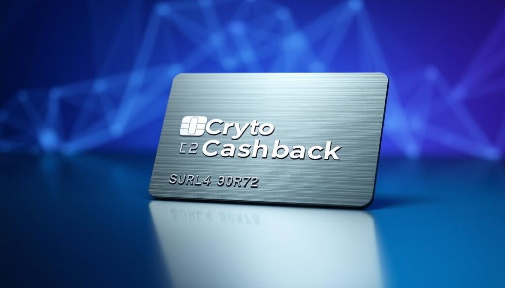 A well-lit, high-resolution render of a sleek, metallic credit card with the words "Crypto Cashback" prominently displayed on its face. The card is positioned at a slight angle, casting a subtle shadow on a glossy, reflective surface. The background features a subtle, blurred geometric pattern in shades of blue and purple, evoking a sense of futuristic technology. The overall composition conveys a sense of sophistication and innovation, perfectly capturing the essence of the "best crypto cashback credit cards" concept.
