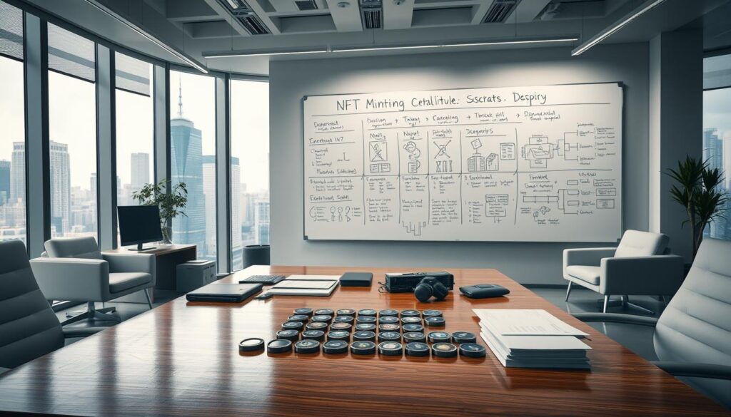 A well-lit, modern office interior with sleek furniture and minimalist decor. In the foreground, a strategically placed set of NFC tokens or digital collectibles on a polished wooden desk, surrounded by a variety of digital devices and business documents. The middle ground showcases a large whiteboard filled with meticulously organized notes, diagrams, and a timeline for the NFT minting process. The background features large windows overlooking a bustling city skyline, conveying a sense of professionalism and forward-thinking in the world of digital assets. The overall atmosphere is one of careful planning, attention to detail, and a methodical approach to successful NFT deployment.