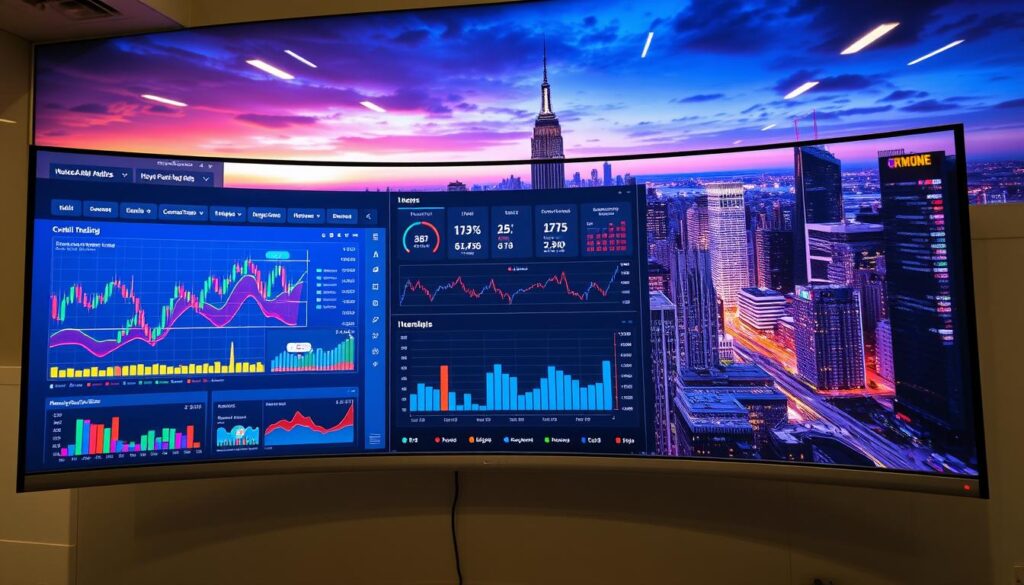 An advanced trading analytics dashboard displayed on a large curved ultra-wide monitor, with a sleek and modern design. The foreground features various interactive data visualization tools, such as candlestick charts, heat maps, and interactive graphs. The middle ground showcases real-time market data, news feeds, and portfolio management tools. The background depicts a cityscape with skyscrapers and a vibrant night sky, symbolizing the global nature of the cryptocurrency markets. The lighting is soft and warm, creating a professional and innovative atmosphere. The camera angle is slightly elevated, giving the viewer a sense of control and overview of the comprehensive trading tools.