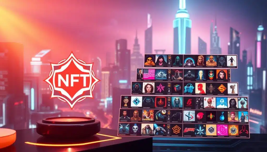 An elegant and dynamic NFT tiered access system, showcasing a multilayered hierarchy of exclusive digital assets. In the foreground, a sleek and visually striking NFT emblem, hinting at the prestige and exclusivity of the highest tier. The middle ground depicts a grid of diverse NFT thumbnails, each representing a different access level, subtly conveying the nuanced tiers of the loyalty program. The background features a futuristic, neon-infused cityscape, evoking a sense of technological innovation and digital innovation. Soft lighting casts a warm glow, creating a visually captivating and aspirational atmosphere. The overall composition effectively communicates the concept of an NFT-powered loyalty program with tiered access and exclusivity.