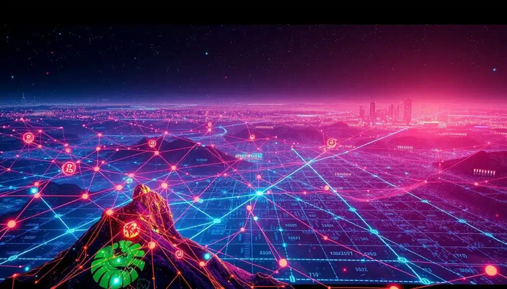 An expansive blockchain landscape, with a network of interconnected nodes and hubs, each an NFT uniquely minted on the Ethereum blockchain. In the foreground, a vibrant digital art piece shines, its intricate details and vivid colors capturing the essence of the decentralized digital world. The middle ground features a grid of smart contract-powered transactions, their timestamps and block heights visible as glowing data streams. The background is a vast, ethereal expanse, dotted with the silhouettes of various DeFi protocols and decentralized applications, all part of the ever-evolving blockchain ecosystem. Crisp, cinematic lighting casts an ethereal glow, evoking a sense of wonder and technological innovation.