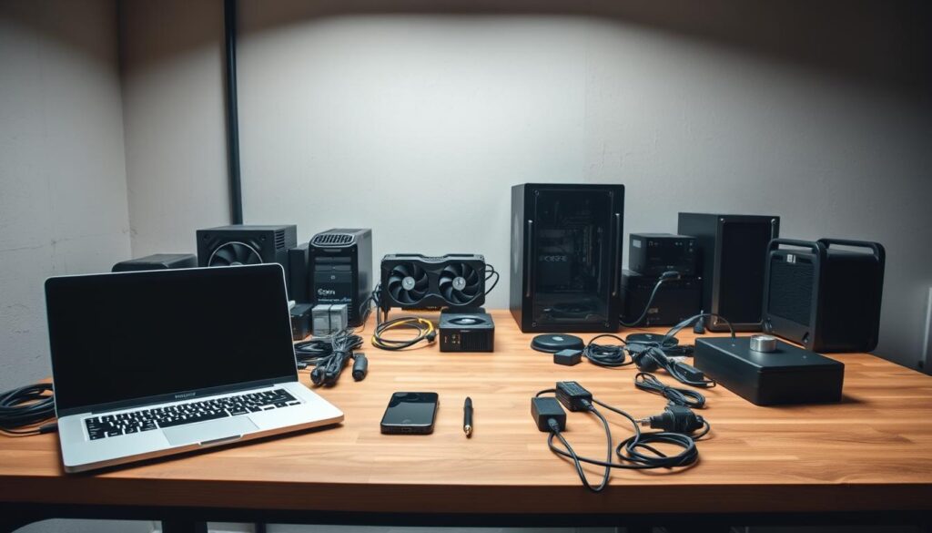 An industrial-style workspace with an array of electronic devices and hardware components prominently displayed on a sturdy wooden table. In the foreground, a laptop, a smartphone, and various cables and adapters are neatly arranged, hinting at the process of gathering and organizing the necessary inputs for a cryptocurrency mining profitability calculation. In the middle ground, a high-performance graphics card, a power supply unit, and a cooling system stand out, reflecting the essential hardware requirements. The background features a neutral-toned wall, creating a clean and focused environment conducive to technical analysis and decision-making. Soft, directional lighting from above casts subtle shadows, adding depth and emphasis to the key elements. The overall scene conveys a sense of methodical preparation and attention to detail, perfectly suiting the "Gather your inputs" section of the article.