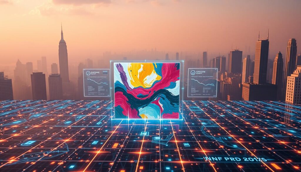 An intricate digital landscape where the impact of NFTs on the art world is made tangible. In the foreground, a vibrant abstract painting emerges from a glowing blockchain-inspired grid, its pixels and brushstrokes coalescing into a striking work of art. The midground features holographic displays showcasing the provenance and ownership history of the NFT, while the background is a hazy cityscape of skyscrapers and futuristic architecture, symbolizing the integration of blockchain technology into the broader digital landscape. The scene is bathed in a warm, ethereal lighting, creating a sense of wonder and innovation. The overall atmosphere evokes the transformative power of NFTs in redefining the boundaries of digital art and ownership.