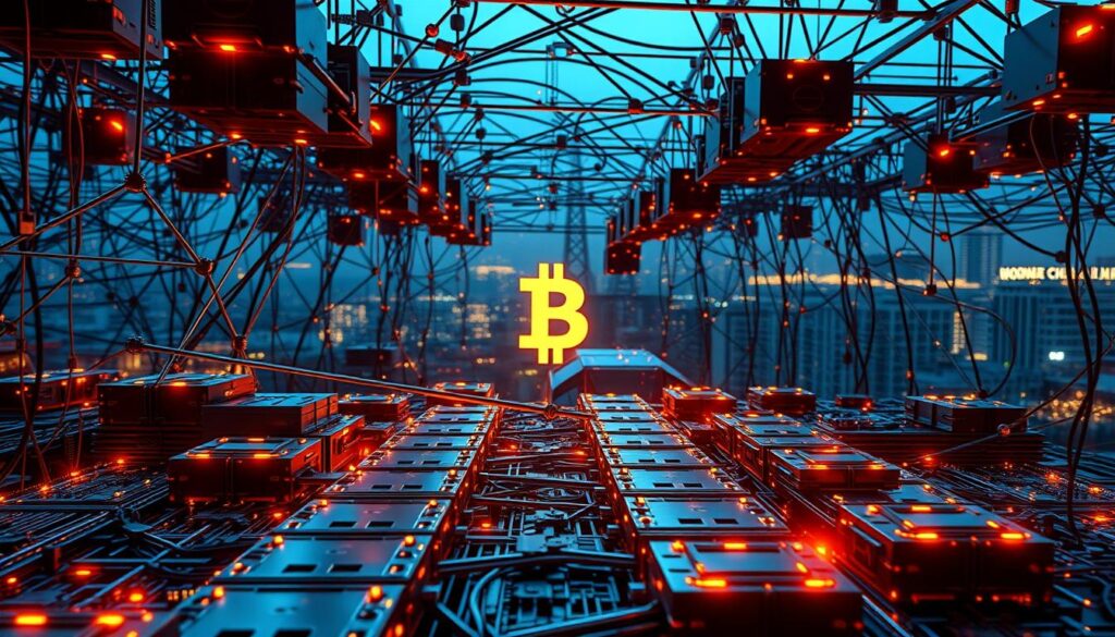 An intricate network of interconnected blocks, each encrypted and secured, forming the foundations of blockchain technology. Sleek metallic surfaces glimmer under the warm glow of futuristic lighting, while intricate circuits and data streams pulse with the energy of seamless transactions. In the foreground, a virtual ledger unfurls, showcasing the transparency and traceability that underpins this revolutionary system. The middle ground features a stylized cryptocurrency symbol, symbolizing the integration of digital assets within this decentralized framework. The background depicts a cityscape, hinting at the widespread adoption and real-world applications of blockchain across industries. An atmosphere of innovation, security, and boundless potential permeates the scene.