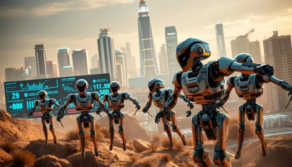Automated trading bots, sleek and efficient, gliding through a cyberpunk-inspired landscape. In the foreground, a cluster of robotic traders, their metallic frames adorned with the CRYPTOMAXIMAL logo, executing lightning-fast transactions. The middle ground features a data visualization dashboard, its holographic displays pulsing with real-time market insights. In the background, a towering cityscape of gleaming skyscrapers and neon-lit streets, reflecting the constant flux of the digital economy. Dramatic lighting casts long shadows, creating a sense of power and precision, while a warm, futuristic color palette evokes the cutting-edge technology at work.