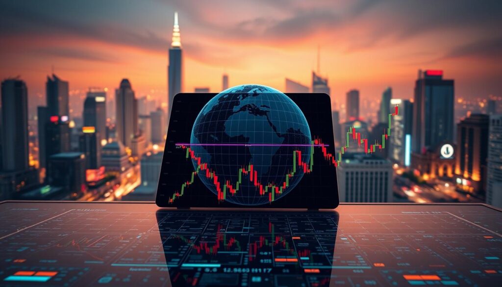 Bollinger Bands Cryptocurrency Trading: A dynamic visualization of financial data analysis. In the foreground, a sleek, futuristic interface displays real-time cryptocurrency market data, with vibrant Bollinger Bands pulsing and undulating across the screen. The middle ground features a 3D holographic globe, rotating to showcase the global interconnectedness of the crypto ecosystem. In the background, a cityscape of towering skyscrapers and neon-lit streets reflects the fast-paced, technology-driven nature of the digital asset market. Ambient lighting casts a warm, authoritative glow, conveying the gravity and importance of the financial insights being presented. Cinematic camera angles and a subtle depth of field enhance the sense of depth and immersion, inviting the viewer to experience the power of Bollinger Bands in cryptocurrency trading.