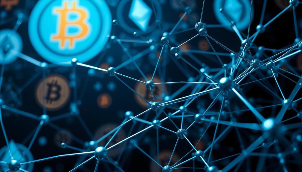 Detailed close-up view of a futuristic neural network architecture, with interconnected nodes and lines representing data flows. The network is situated against a background of stylized cryptocurrency symbols, such as Bitcoin and Ethereum logos, conveying the integration of deep learning techniques into crypto trading strategies. Dramatic lighting illuminates the complex neural structures, casting intricate shadows and creating a sense of depth and complexity. The composition emphasizes the integration of advanced AI and machine learning algorithms into the dynamic world of cryptocurrency markets.