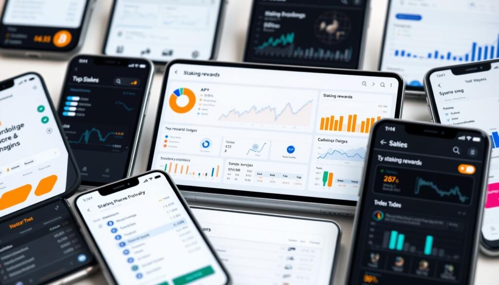 Detailed close-up view of various cryptocurrency staking platforms, showcased in a sleek and modern layout. The foreground features several digital wallets and mobile apps representing top staking services, with minimalist UI designs and intuitive interfaces. The middle ground displays interactive charts, graphs, and data visualizations highlighting staking rewards, APYs, and platform features. The background is a clean, neutral gradient, allowing the staking platforms to take center stage. Lighting is soft and diffused, creating a professional, authoritative atmosphere. Captured with a high-resolution camera lens, emphasizing clarity and precision in the technical details.