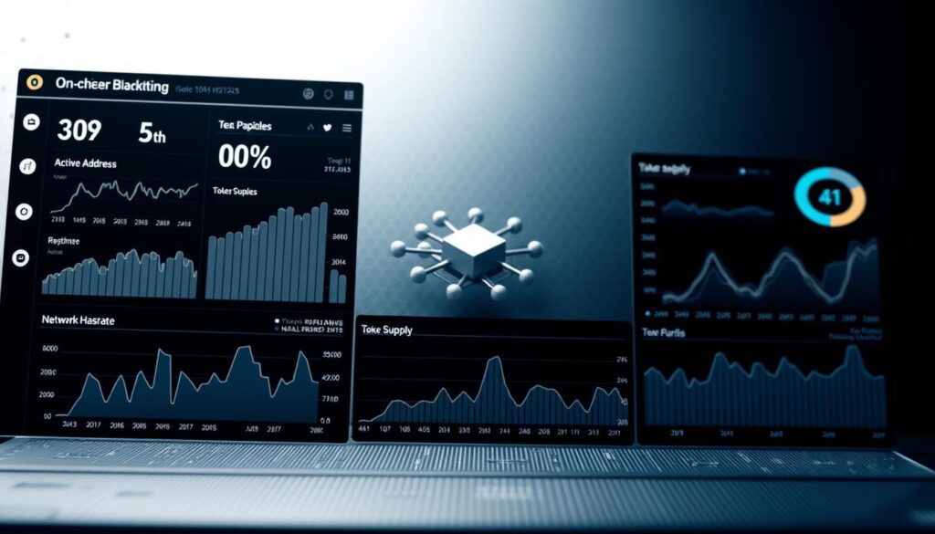 Detailed on-chain blockchain metrics displayed in a clean, minimalist style. In the foreground, a sophisticated data visualization dashboard with customizable charts and graphs showcasing key indicators like transaction volume, active addresses, network hashrate, and token supply. The middle ground features a 3D isometric representation of a blockchain network, with nodes and connections pulsating with real-time activity. In the background, a subtly textured gradient backdrop evoking the digital infrastructure and cryptographic principles underpinning the blockchain. Crisp, high-contrast lighting emphasizes the precision and technicality of the on-chain analytics theme. The overall mood is one of data-driven insights, technological mastery, and the transformative potential of blockchain.